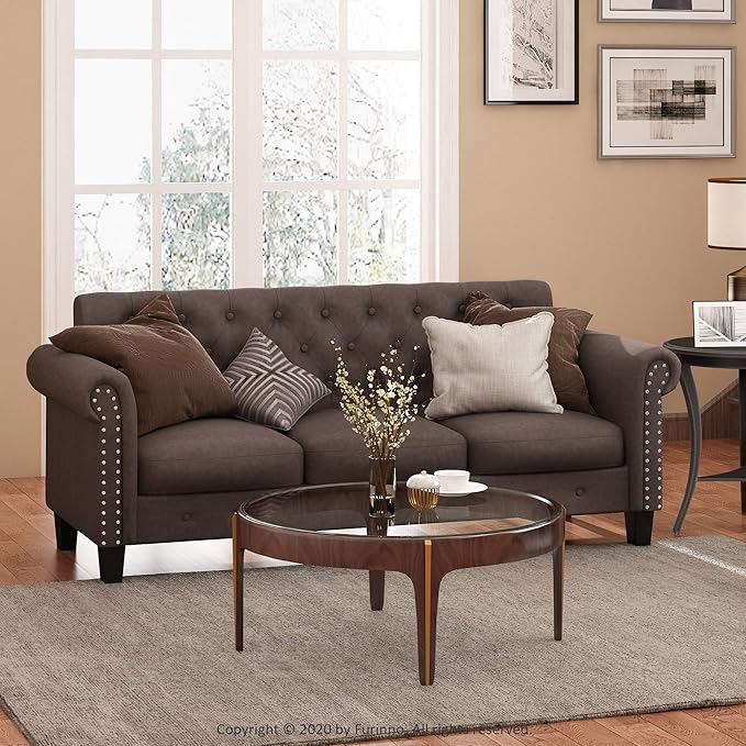 Furinno Bastia Vintage Modern Chesterfield Button Tufted 3-Seater Sofa Couch for Living Room, Brown Faux Leather - LeafyLoom
