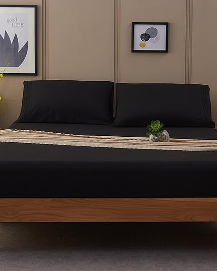 SONORO KATE Bed Sheet Set Super Soft Microfiber 1800 Thread Count Luxury Egyptian Sheets 18-Inch Deep Pocket Wrinkle-4 Piece(King Black) - LeafyLoom