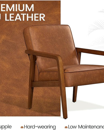 Yaheetech PU Leather Accent Chair, Mid-Century Modern Barrel Chair with Wooden Frame and Soft Thick Padded for Living Room Bedroom Home Office, Light Brown - LeafyLoom
