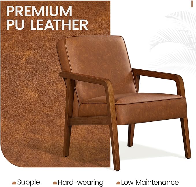 Yaheetech PU Leather Accent Chair, Mid-Century Modern Barrel Chair with Wooden Frame and Soft Thick Padded for Living Room Bedroom Home Office, Light Brown - LeafyLoom