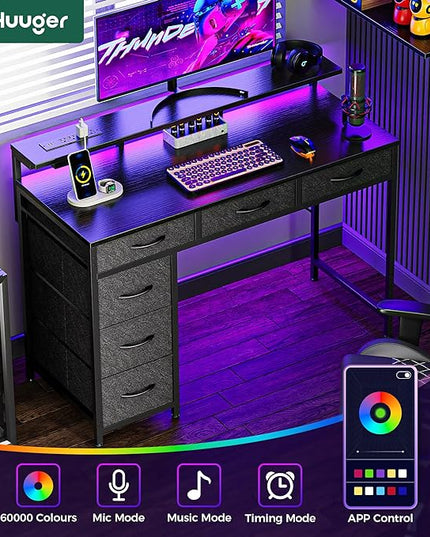 Gaming Desk with 6 Drawers, Computer Desk with LED Lights Power Outlets and Type-C, 39 Inch Office Desk with Storage, Monitor Stand, Writing Desk Work Desk Home Office, Bedroom, Study, Black - LeafyLoom