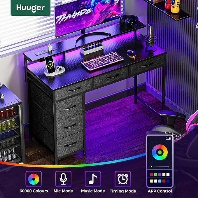 Gaming Desk with 6 Drawers, Computer Desk with LED Lights Power Outlets and Type-C, 39 Inch Office Desk with Storage, Monitor Stand, Writing Desk Work Desk Home Office, Bedroom, Study, Black - LeafyLoom