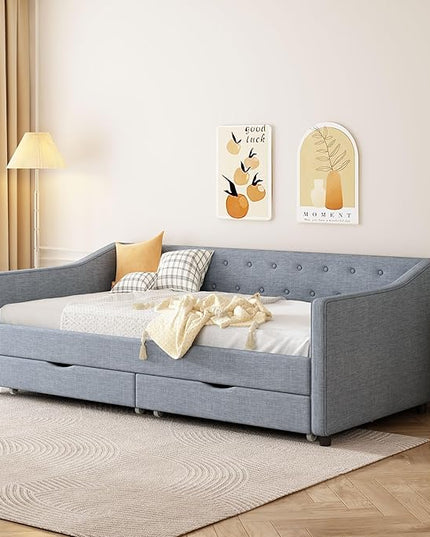 Twin Size Daybed with 2 Drawers, Upholstered Tufted Sofa Bed with Button on Back and Piping on Waved Shape Arms for Bedroom, Apartment, Living Room, Wooden Slats Support, Light Grey - LeafyLoom