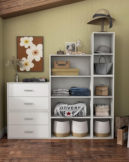 Apexa 4-Tier Cube Storage Organizer Shelves, Stackable Wood Bookcase Fits Cubby Bins for Organization, Dorm Teen Room Decor & Home Office, White - LeafyLoom
