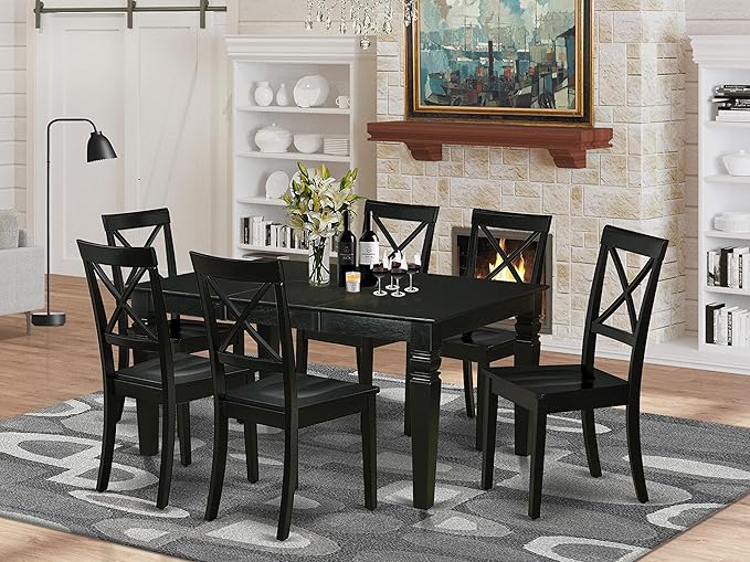 East West Furniture WEBO7-BLK-W 7 Piece Room Set Consist of a Rectangle Kitchen Table with Butterfly Leaf and 6 Dining Chairs, 42x60 Inch, Black - LeafyLoom