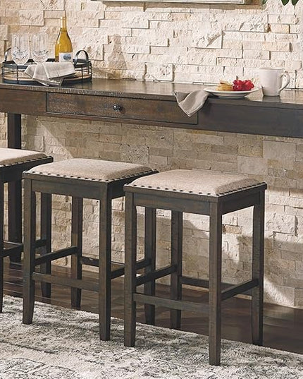 Signature Design by Ashley Rokane Urban Farmhouse 25" Counter Height Dining Room Table Set with 3 Bar Stools, Brown - LeafyLoom
