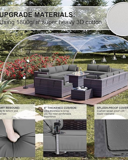 Kullavik 15PCS Outdoor Patio Furniture Set with 43" 55000BTU Gas Propane Fire Pit Table PE Wicker Rattan Sectional Sofa Patio Conversation Sets for Backyard,Grey Cushions - LeafyLoom