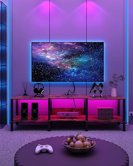 Modern LED TV Stand with Power Outlet for Living Room+75 Inch Wood TV Media Console for 55/65/75 inch TVs，Industrial TV Stand，TV Stand Media Entertainment Center，Rustic Brown LTV06BE - LeafyLoom