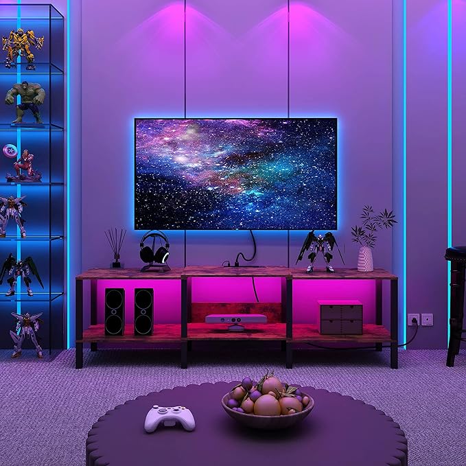 Modern LED TV Stand with Power Outlet for Living Room+75 Inch Wood TV Media Console for 55/65/75 inch TVs，Industrial TV Stand，TV Stand Media Entertainment Center，Rustic Brown LTV06BE - LeafyLoom