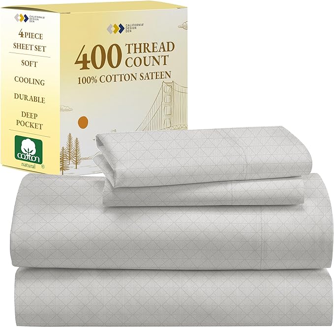California Design Den 100% Cotton King Bed Sheet Set, 400 Thread Count, 4 Pc Deep Pocket King Size Sheets & Pillowcase Set (Taupish-Sage Crosshatch) - LeafyLoom