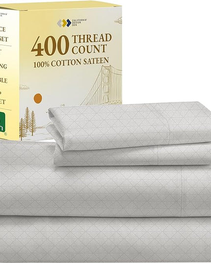 California Design Den Cal King Sheets Set, 400 Thread Count, 100% Cotton, California King Size, 4 Pc Deep Pocket King Size Sheets & Pillowcase Set (Taupish-Sage Crosshatch) - LeafyLoom