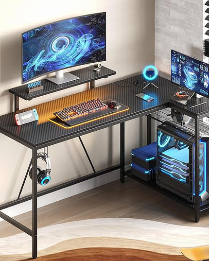 Bestier 58 L Shaped Gaming Desk with LED Lights & Power Outlets,Reversible Home Office Corner Desk with Shelves,Larger PC Workstation with Hooks for Studying,Desk for Bedroom,Carbon Fiber Black - LeafyLoom