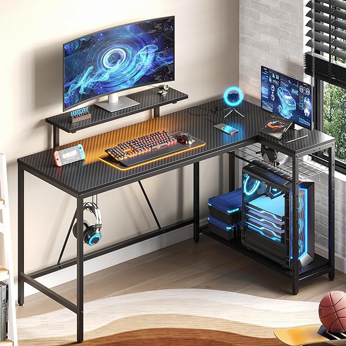 Bestier 58 L Shaped Gaming Desk with LED Lights & Power Outlets,Reversible Home Office Corner Desk with Shelves,Larger PC Workstation with Hooks for Studying,Desk for Bedroom,Carbon Fiber Black - LeafyLoom
