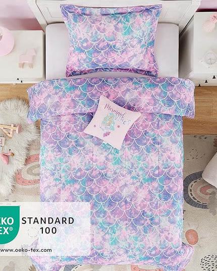 KALEIDOSPACE Pink Comforter Set Full for Kids, Glow in The Dark Mermaid Bedding Sets with Decor Pillow, 4 Pieces Girls Bed Set - LeafyLoom
