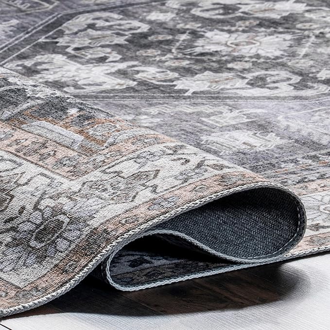 nuLOOM Devin Machine Washable Vintage Medallion Ultra Thin Area Rug, 8' x 10', Charcoal - LeafyLoom