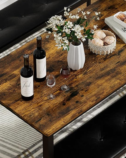4 Person, 43.3in Kitchen Table 2 Upholstered Benches for 4-6, Nesting Furniture Set for Dining Room Restaurant Small Spaces Pub Bar Bistro Dinette, Rustic Brown-pu - LeafyLoom