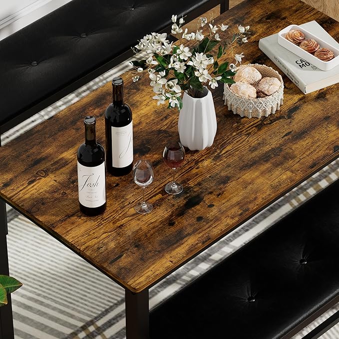 4 Person, 43.3in Kitchen Table 2 Upholstered Benches for 4-6, Nesting Furniture Set for Dining Room Restaurant Small Spaces Pub Bar Bistro Dinette, Rustic Brown-pu - LeafyLoom