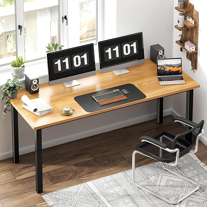 Need 63 Inch Large Computer Desk - Modern Simple Style Home Office Gaming Desk, Basic Writing Table for Study Student, Black Metal Frame, Teak - LeafyLoom