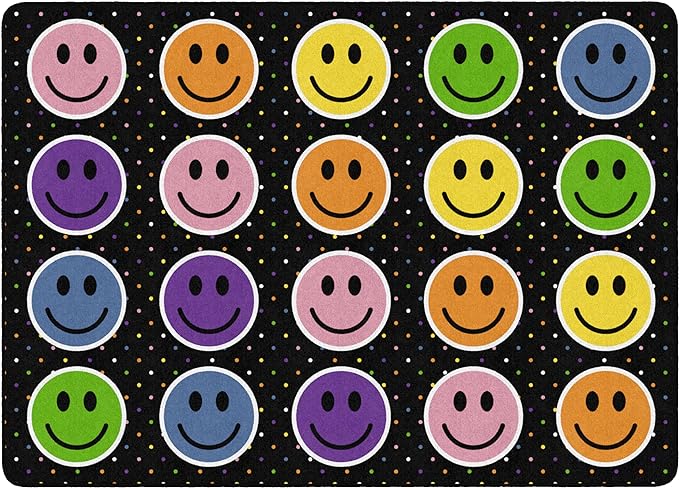 Flagship Carpets Smiley Seating (Seats 20) Classroom Area Rug or Educational Learning Mat, Kids Room or Playroom Carpet, 6' x 8'4", Black/Multi - LeafyLoom