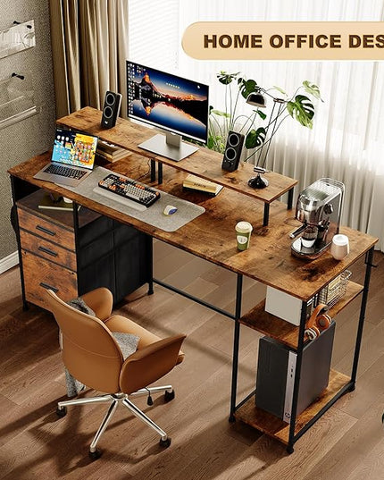 Computer Desk with 3 File Cabinet Drawers, 57.8'' Reversible Gaming Desk, Office Desk with Storage Shelves and Dual Monitor Stand for Home & Office (Rustic Brown) - LeafyLoom