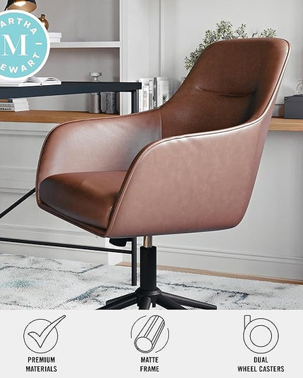Martha Stewart Rayna Swivel Task Chair with Flared Arms for Home Office in Saddle Brown Faux Leather with Oil Rubbed Bronze Frame - LeafyLoom