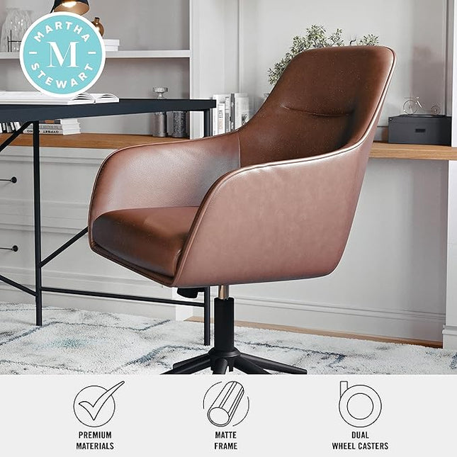 Martha Stewart Rayna Swivel Task Chair with Flared Arms for Home Office in Saddle Brown Faux Leather with Oil Rubbed Bronze Frame - LeafyLoom