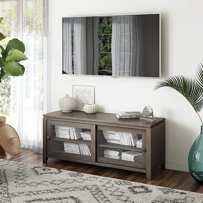 SIMPLIHOME Cosmopolitan SOLID WOOD 48 Inch Wide Contemporary TV Media Stand in Farmhouse Grey for TVs up to 55 Inches, For the Living Room and Entertainment Center - LeafyLoom