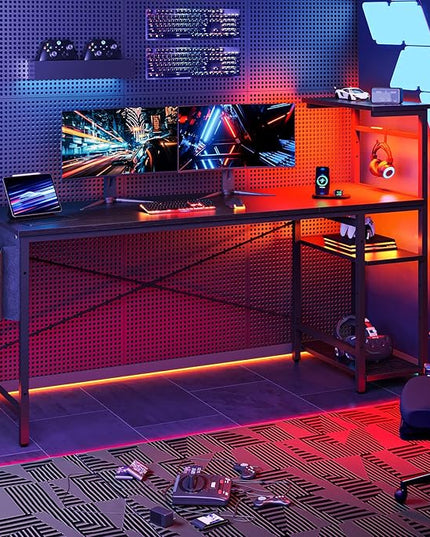 Bestier Gaming Desk with Shelves, 61 Inch Large PC Gaming Table with LED Lights, Led Gamer Desk with 4 Tiers Reversible Storage Shelves for Game & Bedroom Room (Black Grained) - LeafyLoom