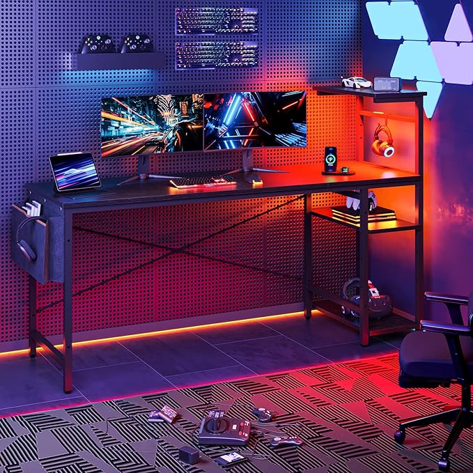 Bestier Gaming Desk with Shelves, 61 Inch Large PC Gaming Table with LED Lights, Led Gamer Desk with 4 Tiers Reversible Storage Shelves for Game & Bedroom Room (Black Grained) - LeafyLoom