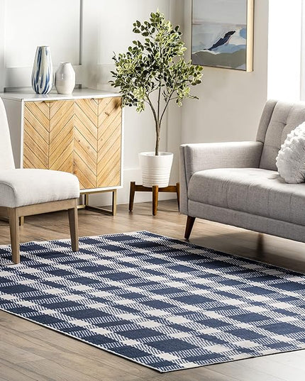 nuLOOM Rianne Machine Washable Plaid Farmhouse Ultra Thin Area Rug, 8' x 10', Blue - LeafyLoom
