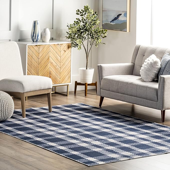 nuLOOM Rianne Machine Washable Plaid Farmhouse Ultra Thin Area Rug, 8' x 10', Blue - LeafyLoom