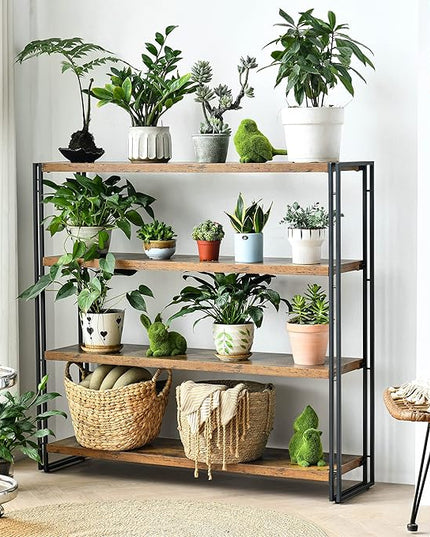 Bookshelf,4-Tier Industrial Bookcase,Rustic Wood and Metal Open Display Book Shelves Home Office,Bedroom Standing Shelf Unit,Horizontal Kitchen Shelf Organizer,Bathroom Storage Rack Mid Century 47in - LeafyLoom