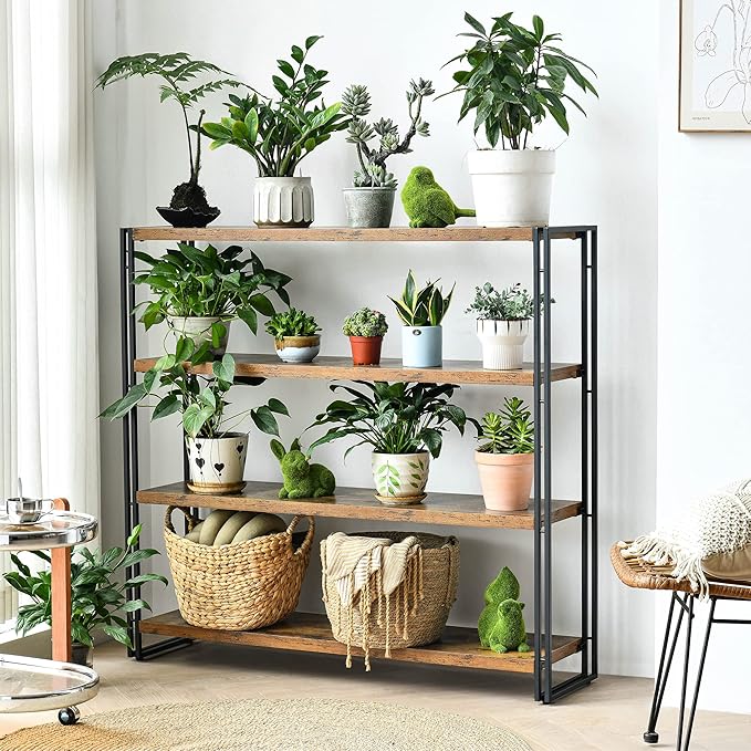 Bookshelf,4-Tier Industrial Bookcase,Rustic Wood and Metal Open Display Book Shelves Home Office,Bedroom Standing Shelf Unit,Horizontal Kitchen Shelf Organizer,Bathroom Storage Rack Mid Century 47in - LeafyLoom