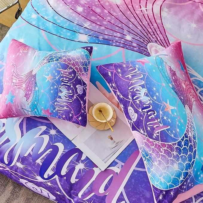 RYNGHIPY Mermaid Comforter Set 6Pcs, Kids Gilrs Bed in a Bag Full Size, Mermaid Tail Print Teens Girls Bedding Set, Rainbow Bedding Collections - LeafyLoom