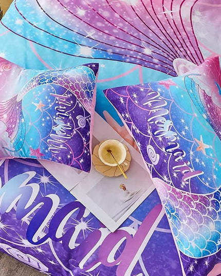 RYNGHIPY Mermaid Comforter Set 6Pcs, Kids Gilrs Bed in a Bag Queen Size, Mermaid Tail Print Teens Girls Bedding Set, Rainbow Bedding Collections - LeafyLoom