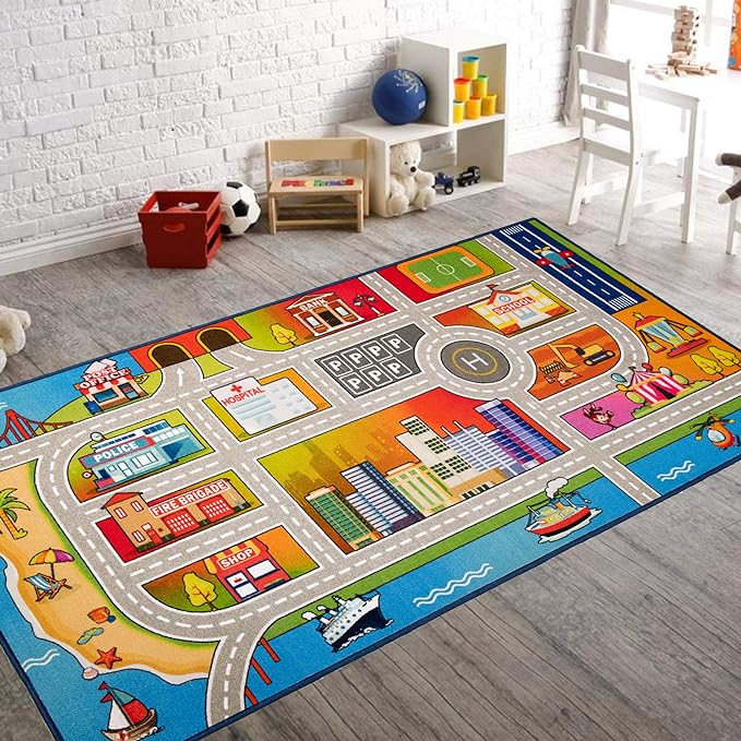 Booooom Jackson Kids Car Carpet Playmat Rug 3.3 x 6.6 ft,Car Mat for Kids Toy Cars,Road Rug,Buildings Parking Helipad Printed on,Kids Car Play Rug,Non-Slip Race Track Rug for Play Room Bedroom - LeafyLoom