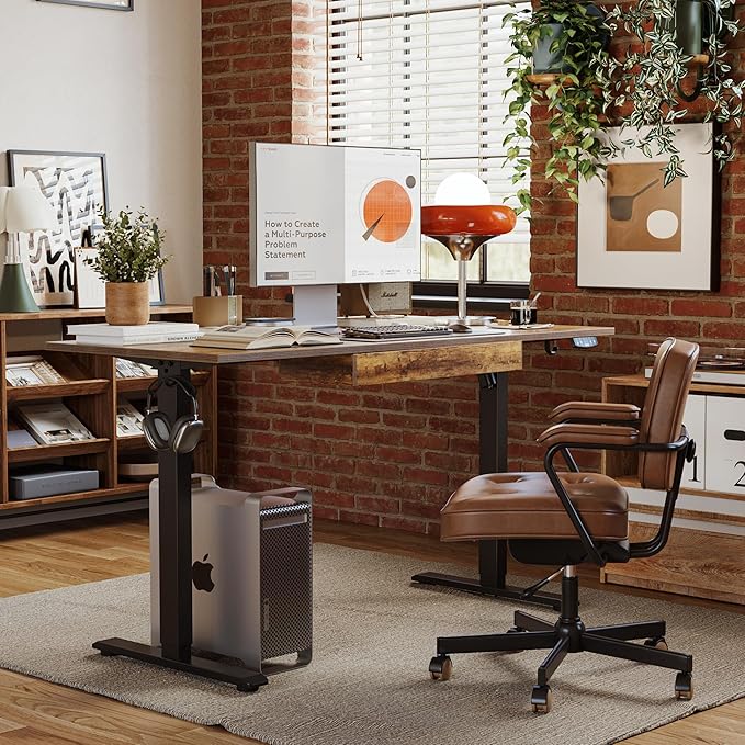 Adjustable Height Electric Standing Desk with Storage Wooden Drawer, 48 x 24 Inches Stand Up Home Office Computer Gaming Table with Splice Board for Work Office Home, Rustic Brown - LeafyLoom