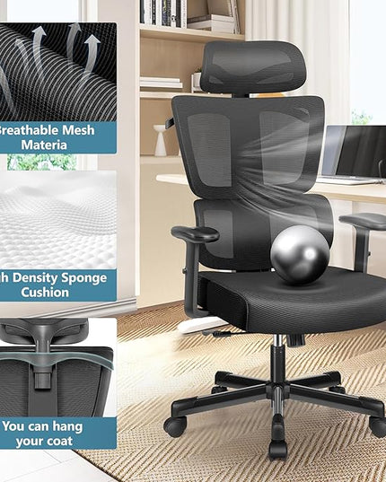 Primy Office Chair Ergonomic Desk Chair, High Back Computer Gaming Chair, Comfy Big and Tall Home Office Chair with Lumbar Support, Breathable Mesh Reclining Chair Adjustable Armrests Headrest(Black) - LeafyLoom