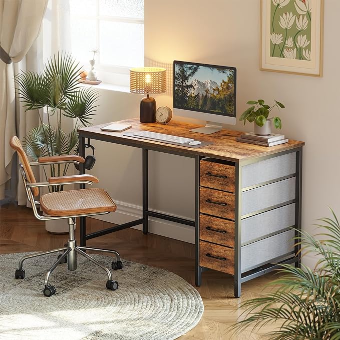 CubiCubi 47 Inch Computer Desk with 4 Drawers, Home Office Small Desk with Storage, Modern Study Writing Desk, Rustic Brown - LeafyLoom