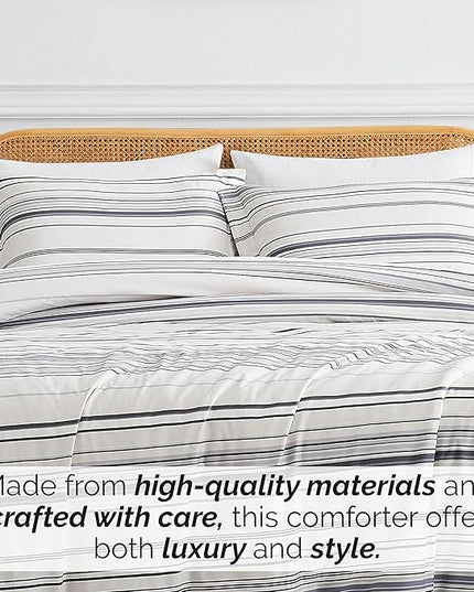 Southshore Fine Living, Inc. 3-Piece Full/Queen Comforter Set, Down Alternative All-Season Striped Comforter with 2 Shams, Soft Microfiber Bedspread, Full or Queen Bed, Coastal Stripes Grey - LeafyLoom