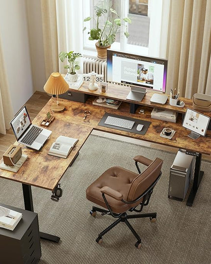 L shaped Electric Standing Desk with 2 Drawers, 63 Inch Ergonomic Adjustable Height Desk with Storage, Corner Desk Sit Stand up Computer Table for Work Office Home, Rustic Brown - LeafyLoom