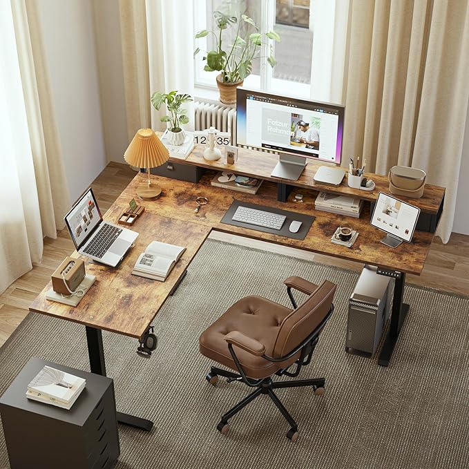 L shaped Electric Standing Desk with 2 Drawers, 63 Inch Ergonomic Adjustable Height Desk with Storage, Corner Desk Sit Stand up Computer Table for Work Office Home, Rustic Brown - LeafyLoom