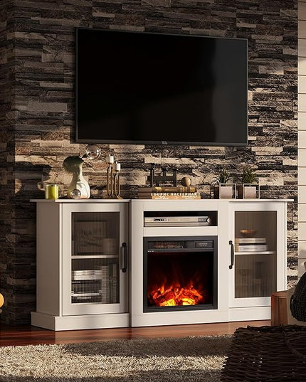 WLIVE Fireplace TV Stand for 65" TV, Entertainment Center with 18 Inch Electric Fireplace, TV Console with Open Shelves for Living Room and Bedroom, White - LeafyLoom