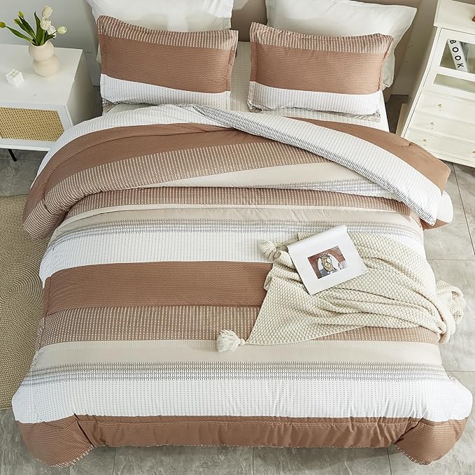 Litanika Queen Comforter Set Beige - 3 Pieces Lightweight Taupe Khaki White Colorblock Stripe Fluffy Bedding Comforter Sets, All Season Bed Set - LeafyLoom