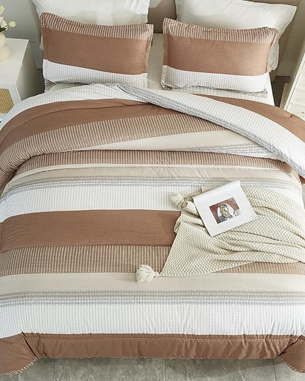 Litanika Full Size Comforter Sets Beige, 3 Pieces Lightweight Taupe Khaki White Colorblock Stripe Fluffy Bedding Comforter Sets, All Season Bed Set - LeafyLoom