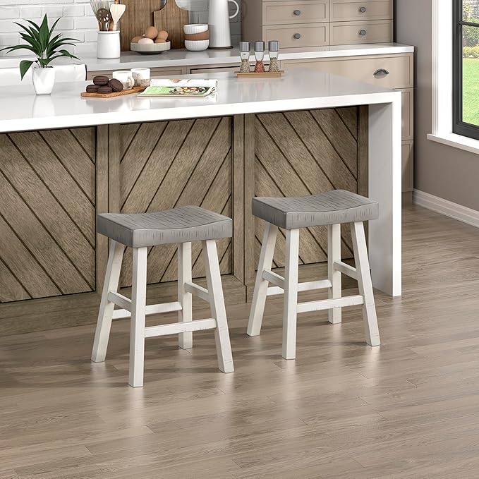 Lexicon Saddle Bar Stools Set of 2 Barstools with Footrest, Armless Dining Chairs for Kitchen Island, Breakfast Nook, Living Room, Counter Height, White/Coffee - LeafyLoom
