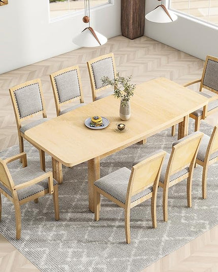 NicBex Dining Table Kitchen & Dining Room Tables Rustic Extendable 84Inch Dining Table Set with 24Inch Removable Leaf, 6 Upholstered Armless Dining Chairs and 2 Padded Chairs, Natural+Grey - LeafyLoom