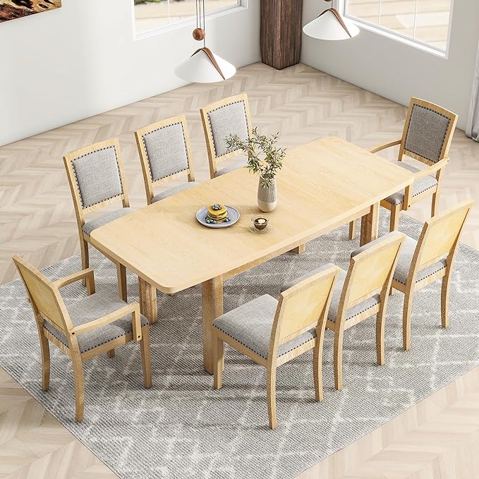 NicBex Dining Table Kitchen & Dining Room Tables Rustic Extendable 84Inch Dining Table Set with 24Inch Removable Leaf, 6 Upholstered Armless Dining Chairs and 2 Padded Chairs, Natural+Grey - LeafyLoom