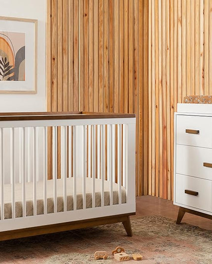 Babyletto Scoot 3-in-1 Convertible Crib with Toddler Bed Conversion Kit in White and Natural Walnut, Greenguard Gold Certified - LeafyLoom