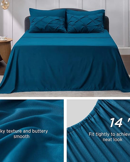 Bedsure California King Comforter Set - Cal King Bed Set 7 Pieces, Pinch Pleat Teal Blue Cali King Bedding Set with Comforter, Sheets, Pillowcases & Shams - LeafyLoom